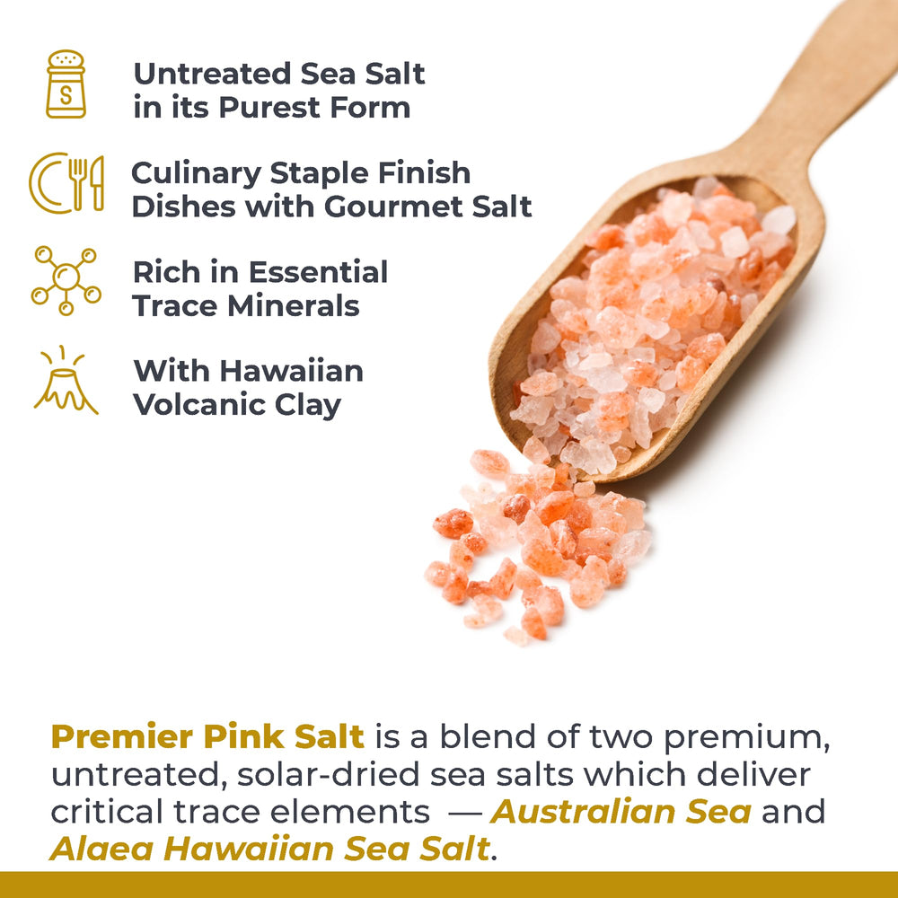 Premier Research Labs Pink Salt with measuring spoon ideal for precise seasoning.