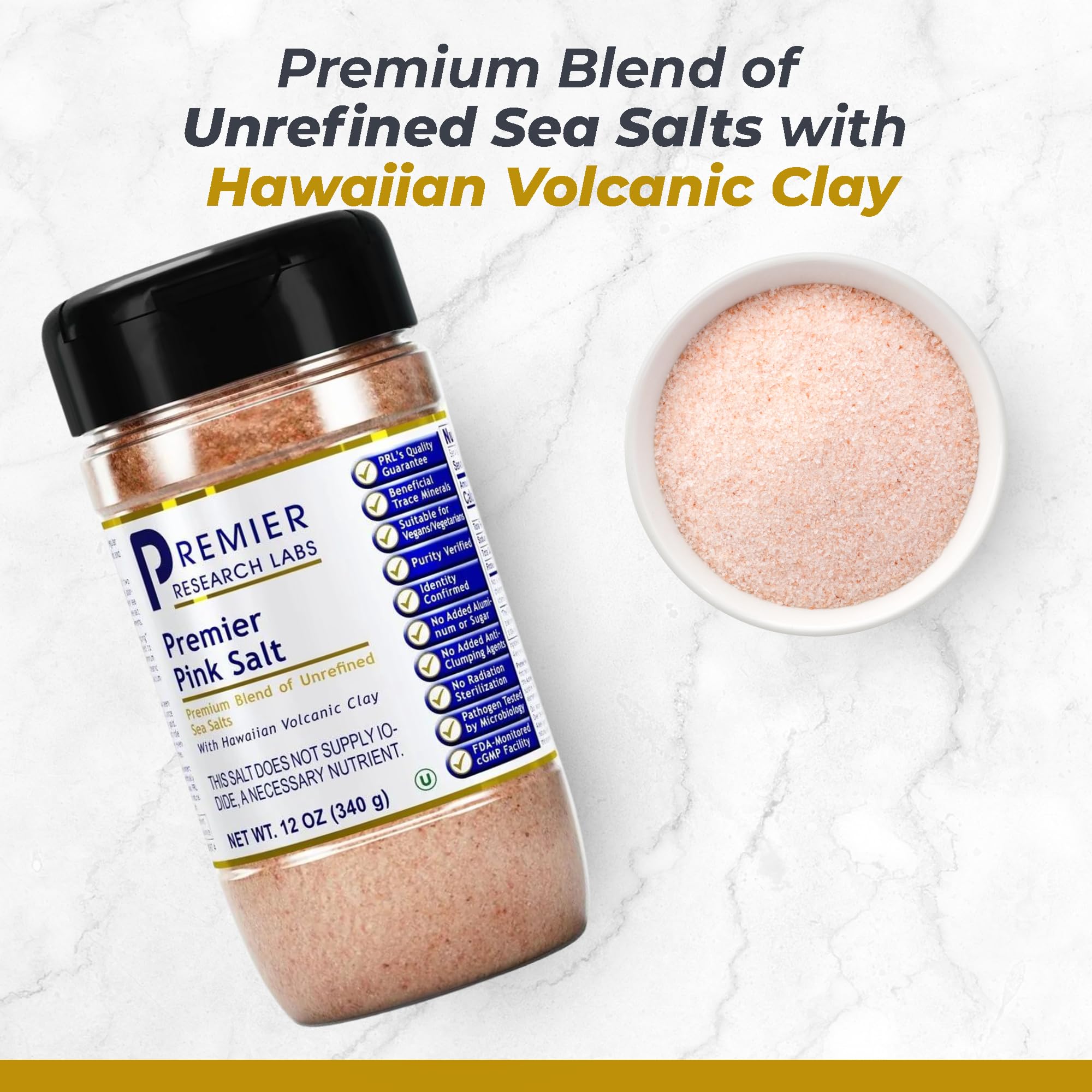 Premier Research Labs Pink Salt packaging highlights additive-free blend.
