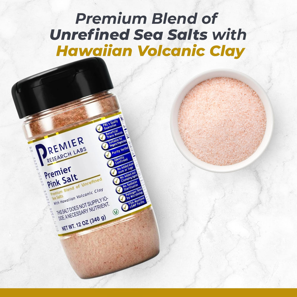 Premier Research Labs Pink Salt packaging highlights additive-free blend.