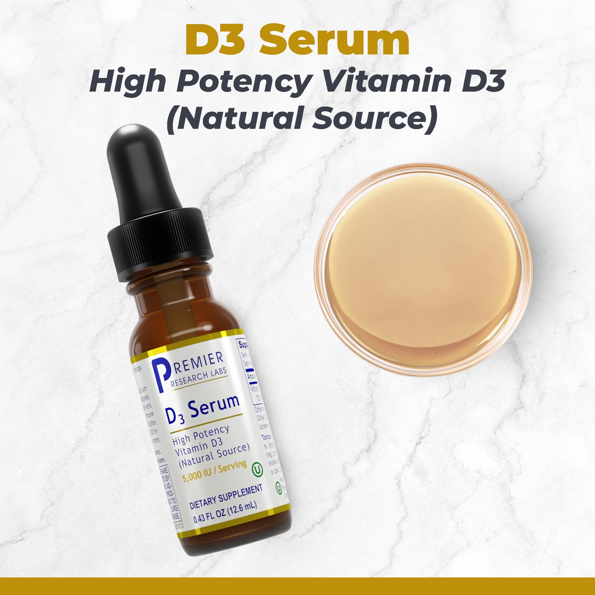 Premier Research Labs Vitamin D3 Serum dropper dispenses precise drops