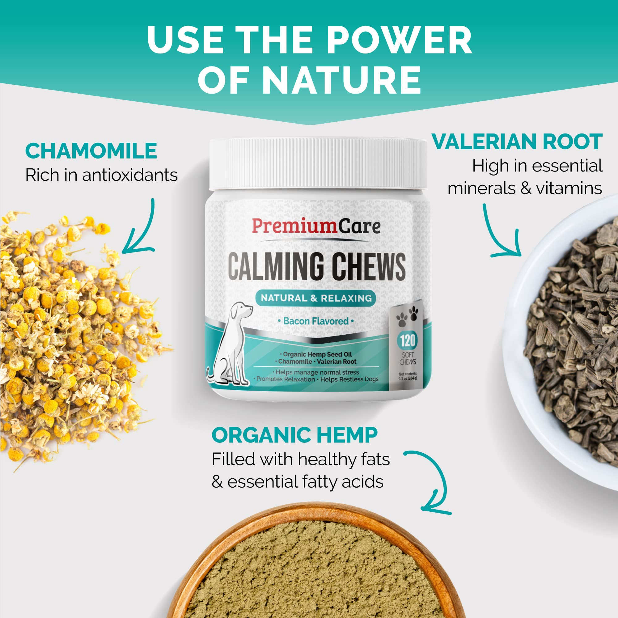 Chamomile ingredient featured in Premium Care calming chews for relaxed mood
