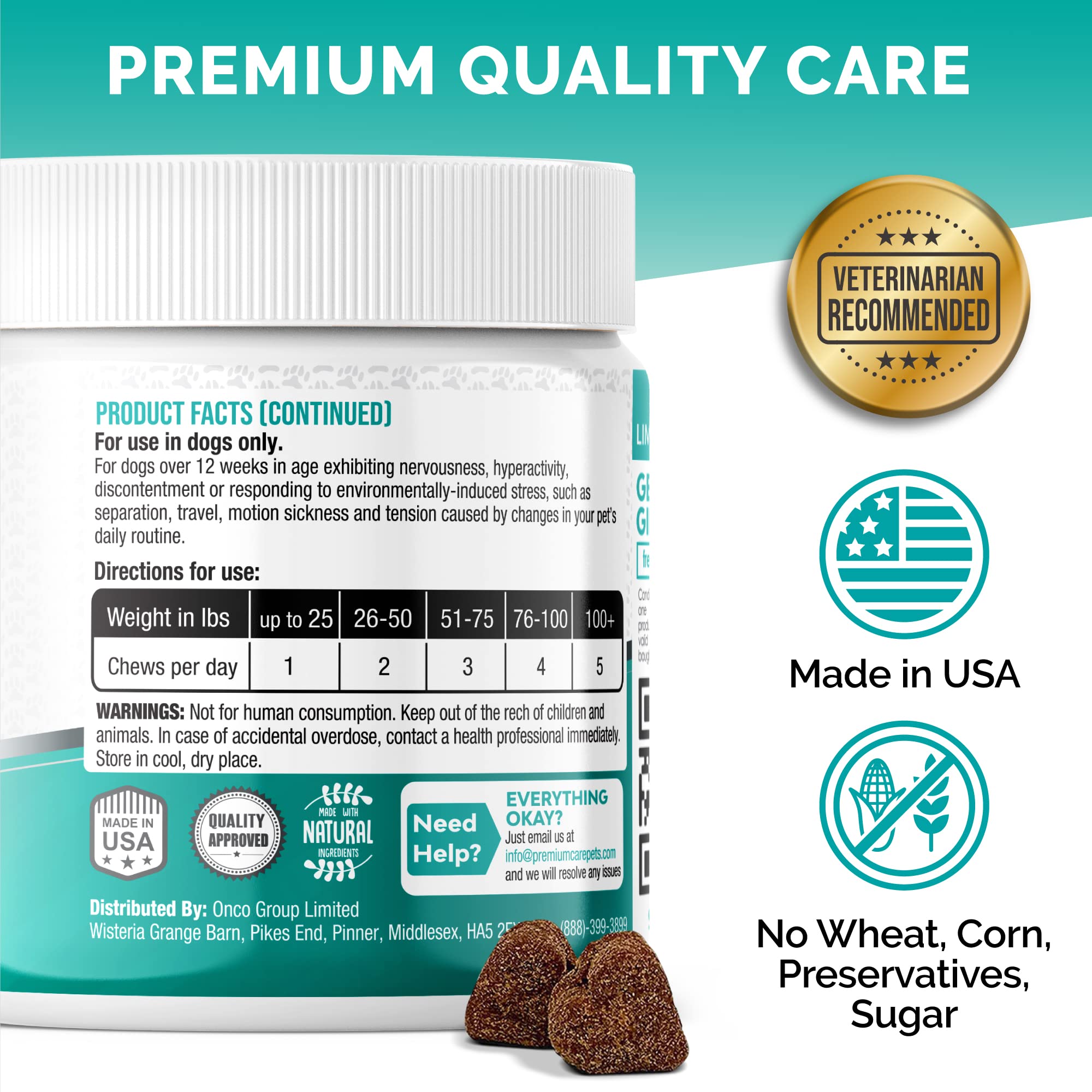 Made in USA label on Premium Care calming chews emphasizes quality