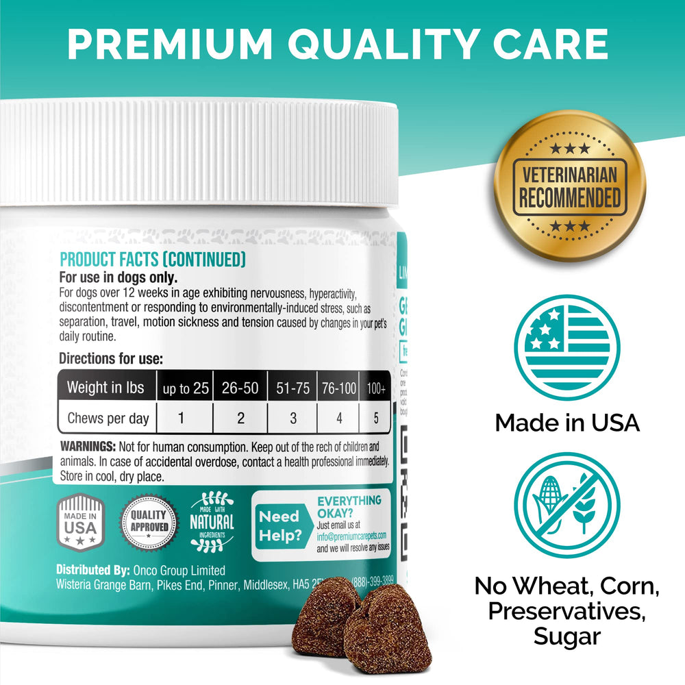 Made in USA label on Premium Care calming chews emphasizes quality