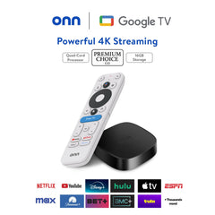 Premium Choice Co Onn 4K Plus remote with Google Assistant enables voice search.