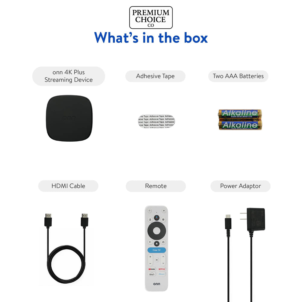 Premium Choice Co Onn 4K Plus TV setup shows Wi-Fi 6 connectivity for smooth streaming.
