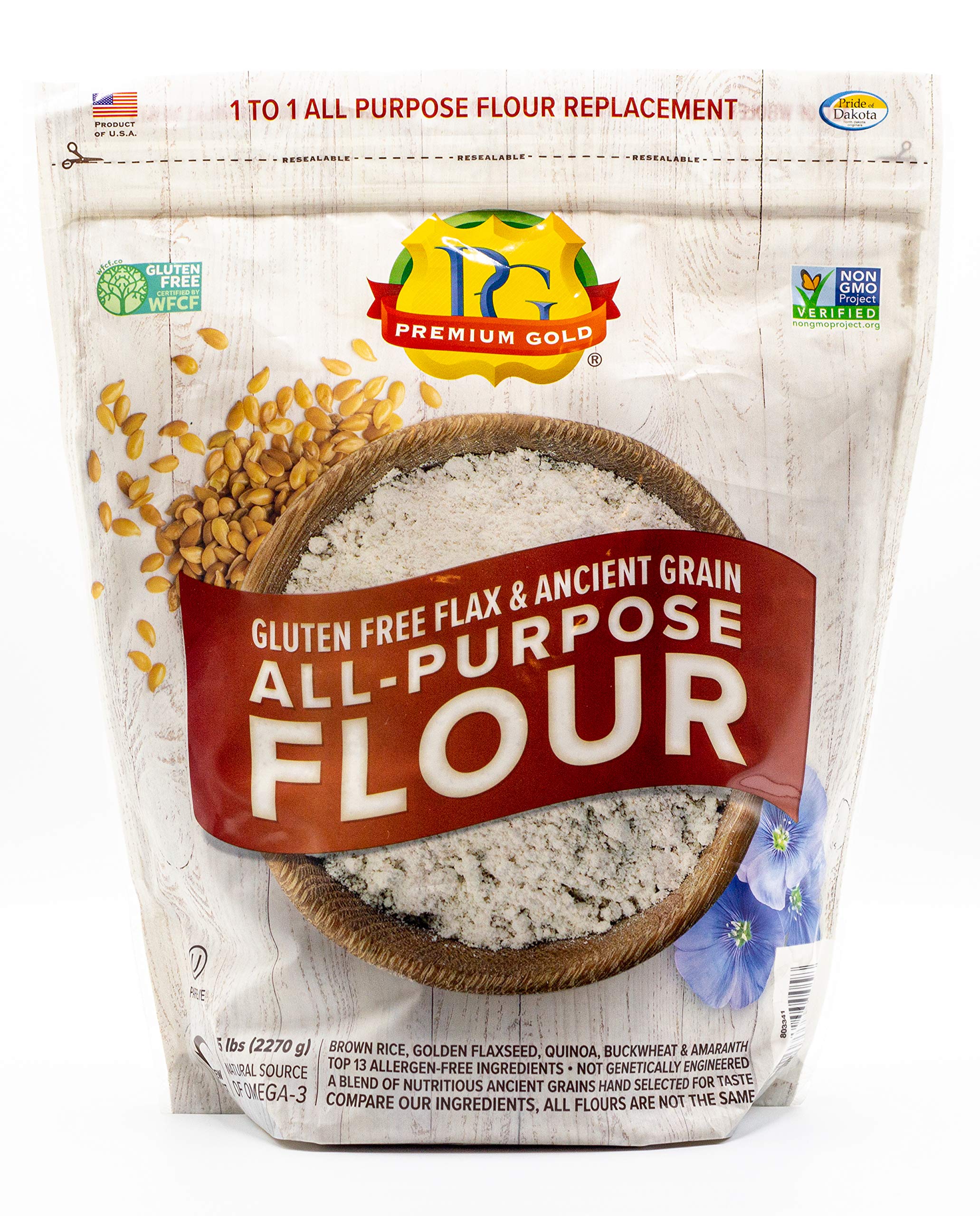 Premium Gold gluten-free flour bag label on a 5 lb resealable pouch