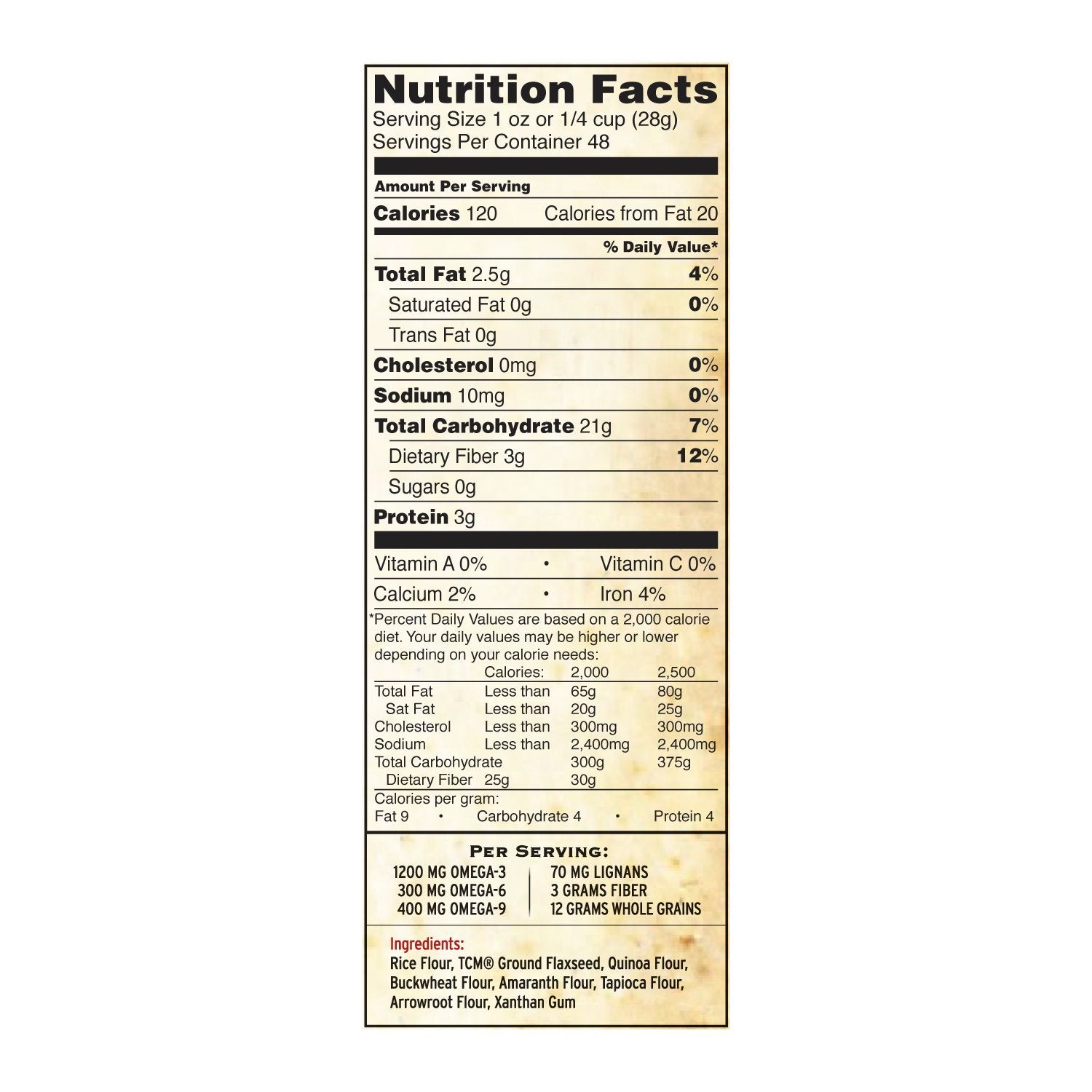 Premium Gold gluten-free flour nutrition panel shows fiber, protein, and Omega-3