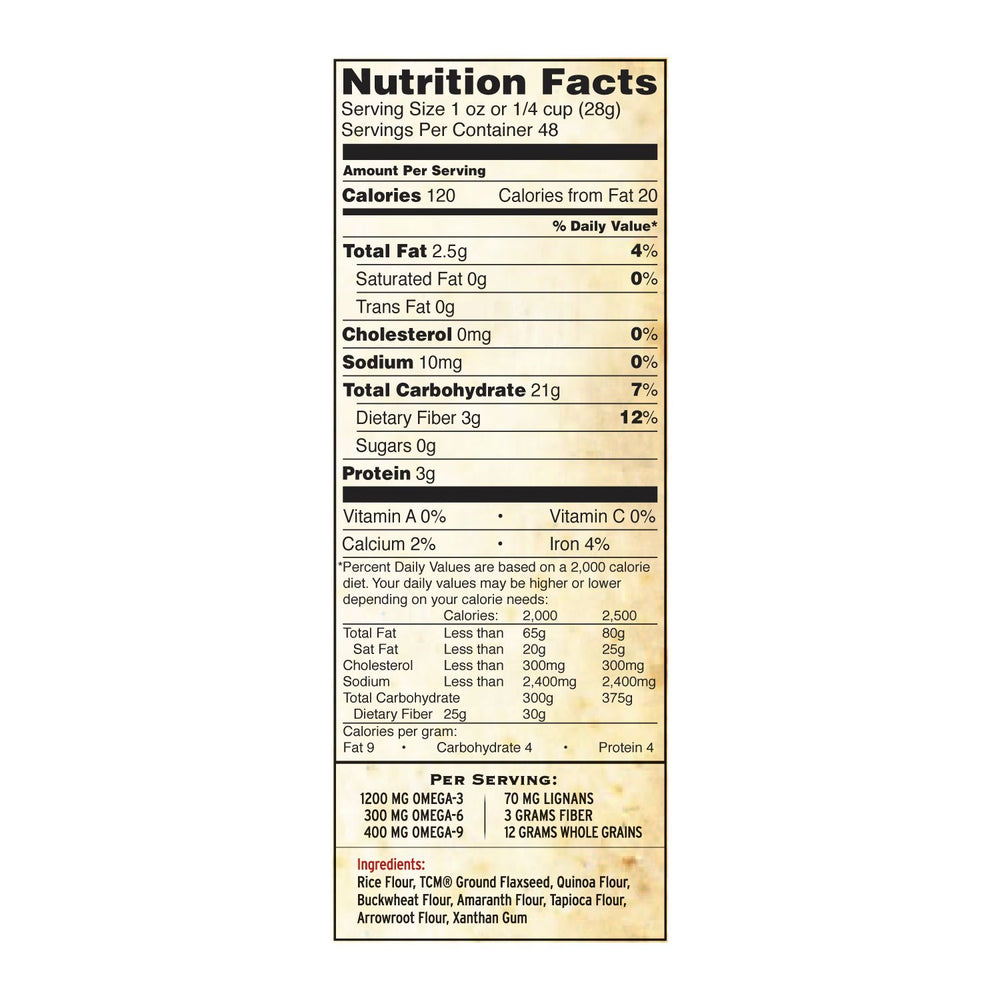 Premium Gold gluten-free flour nutrition panel shows fiber, protein, and Omega-3