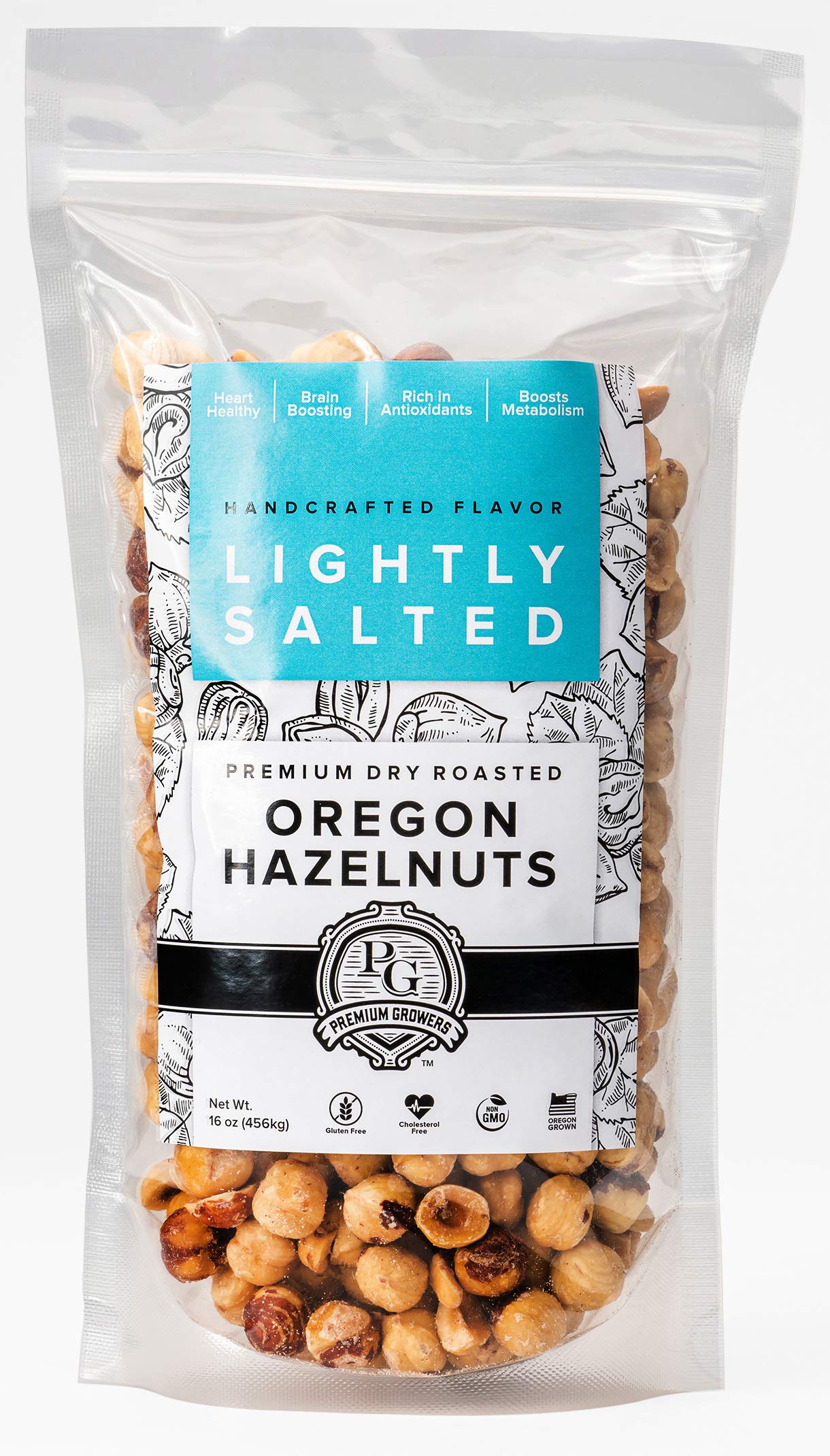 Premium Growers dry roasted hazelnuts lightly salted close-up for crunchy snack appeal.