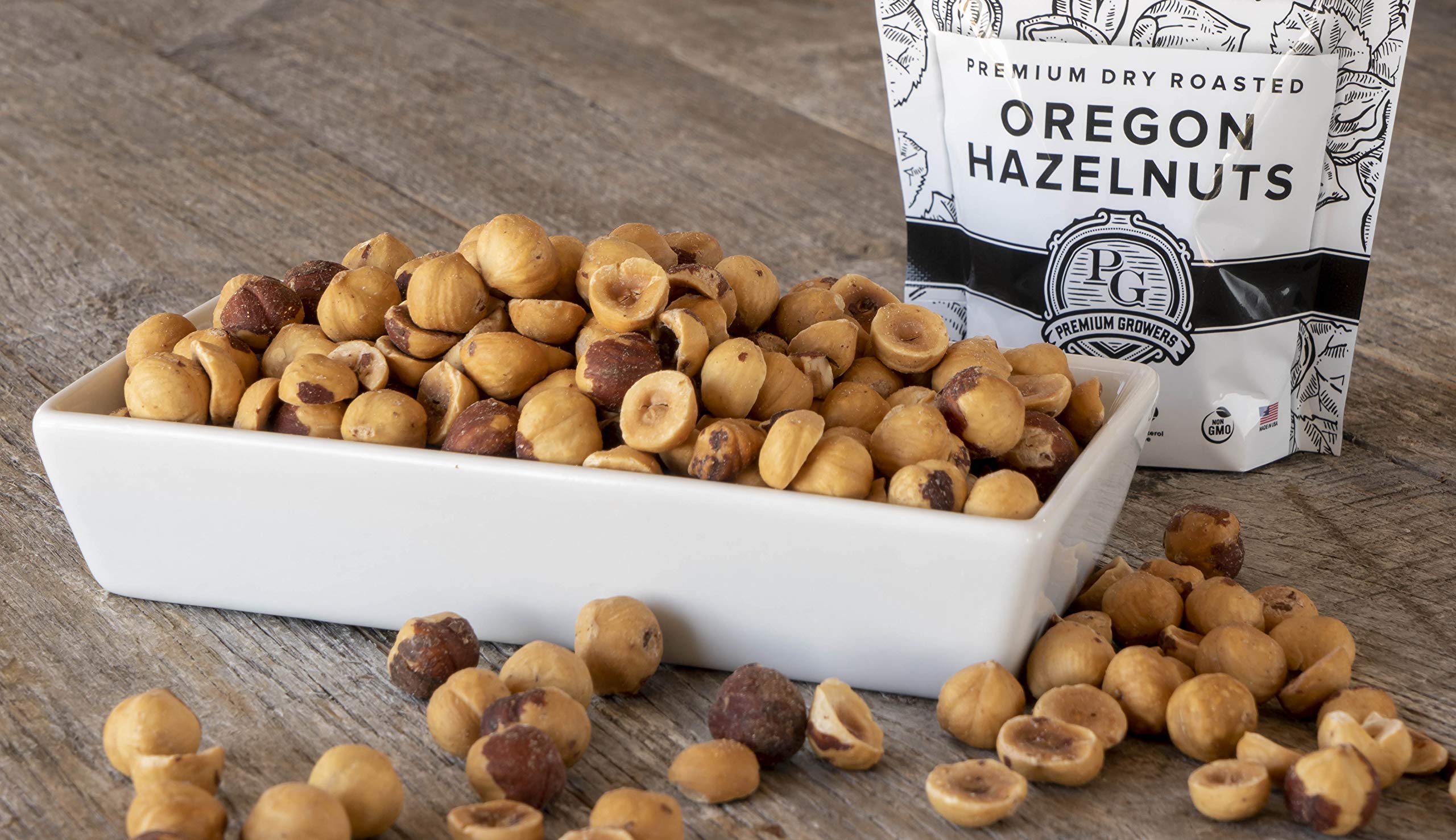 Premium Growers hazelnuts on gourmet plate suggests premium snacking.