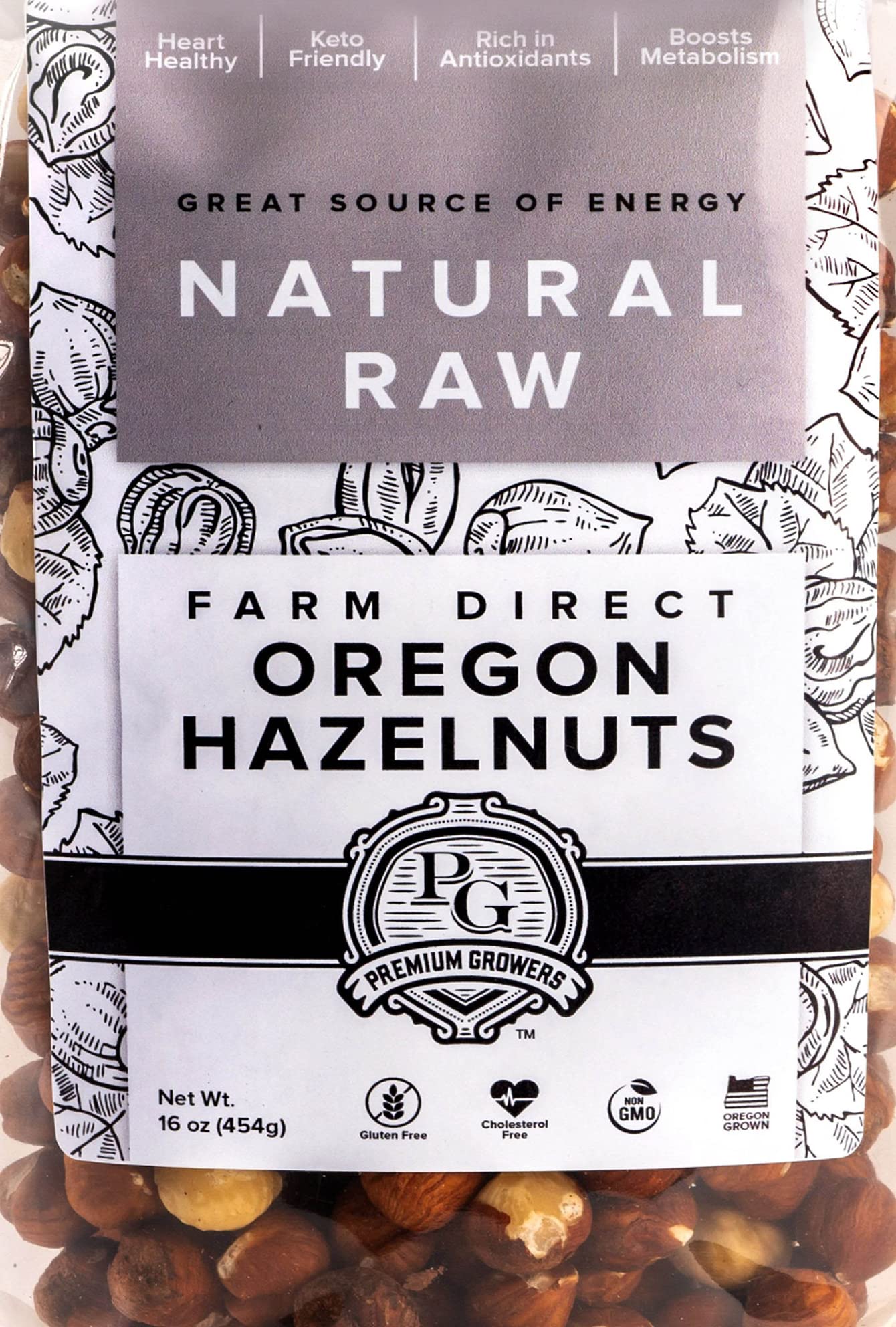 Premium Growers hazelnuts harvest basket shows fresh nuts for snacking and cooking