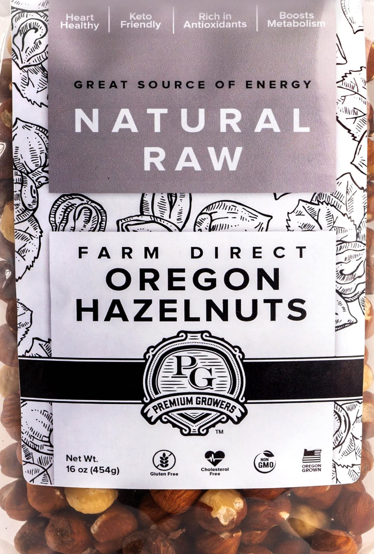 Premium Growers hazelnuts harvest basket shows fresh nuts for snacking and cooking