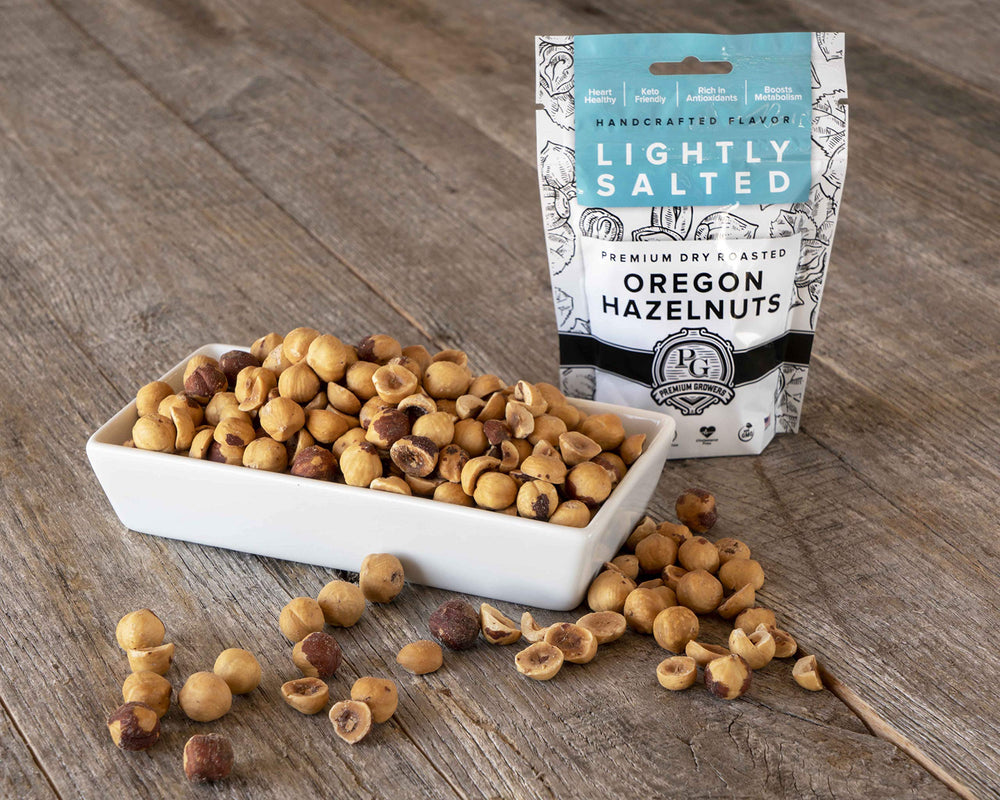 Premium Growers hazelnuts kosher-certified label emphasizing trust and quality.