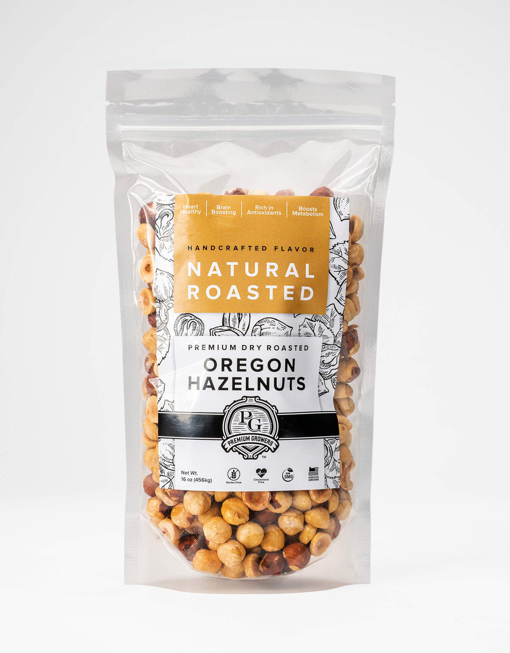 Premium Growers hazelnuts natural roast closeup, perfect for baking and snacking.
