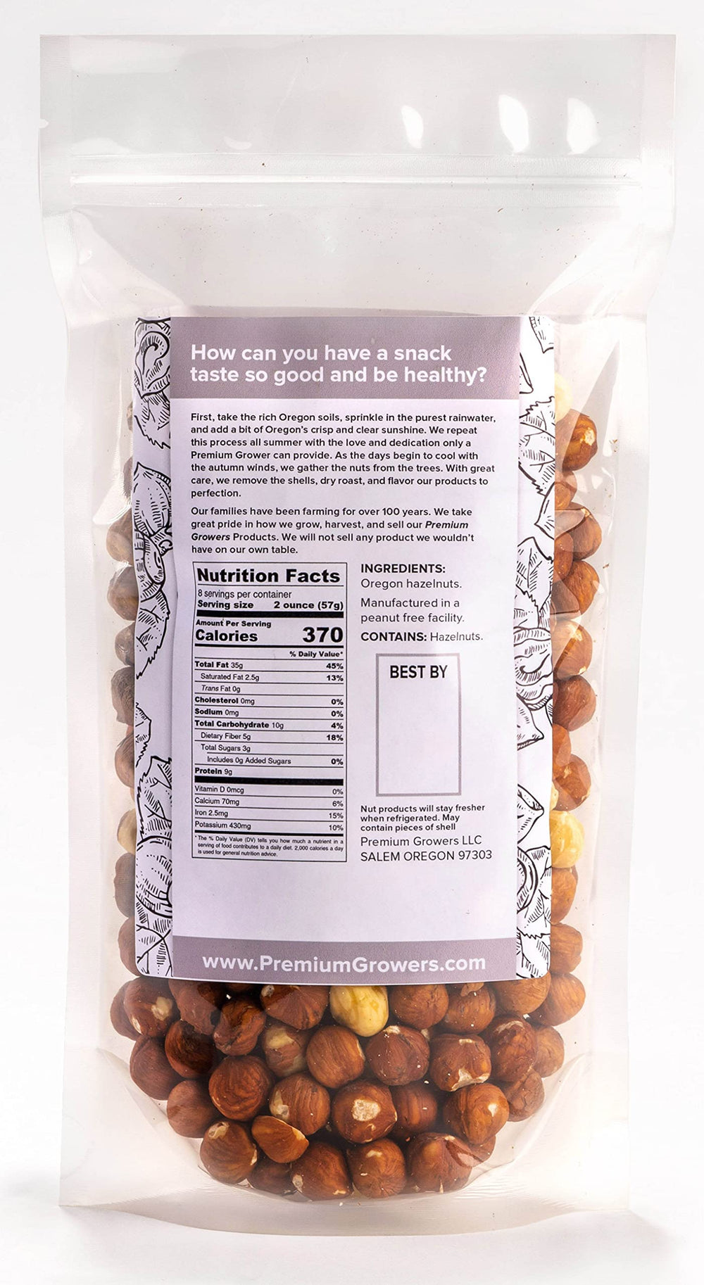 Premium Growers hazelnuts packaging closeup highlighting freshness and resealability