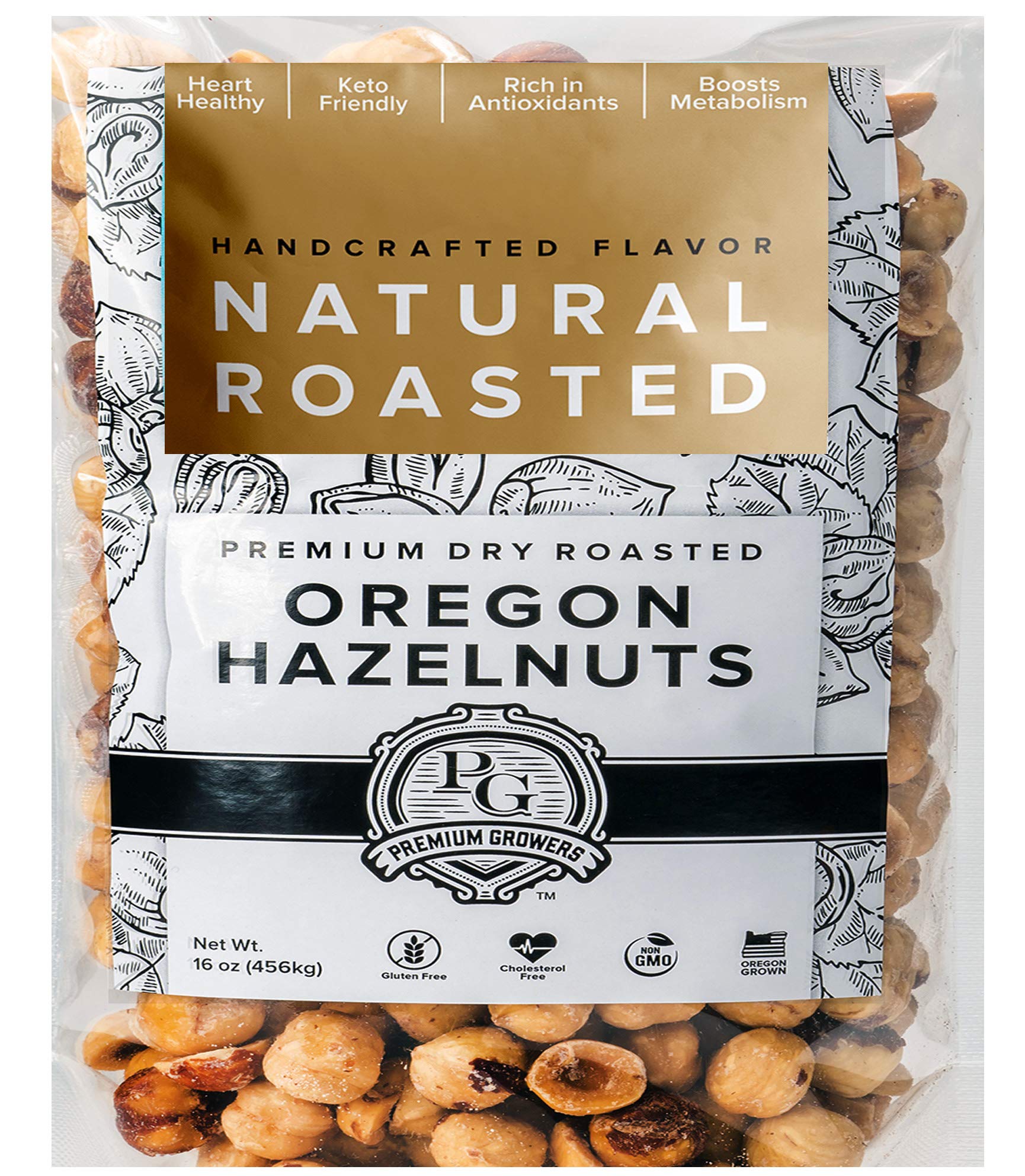 Premium Growers Oregon hazelnuts dry roasted in a 1 lb bag, ideal for on-the-go snacking.