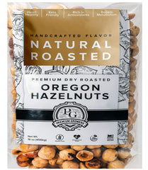 Premium Growers Oregon hazelnuts dry roasted in a 1 lb bag, ideal for on-the-go snacking.