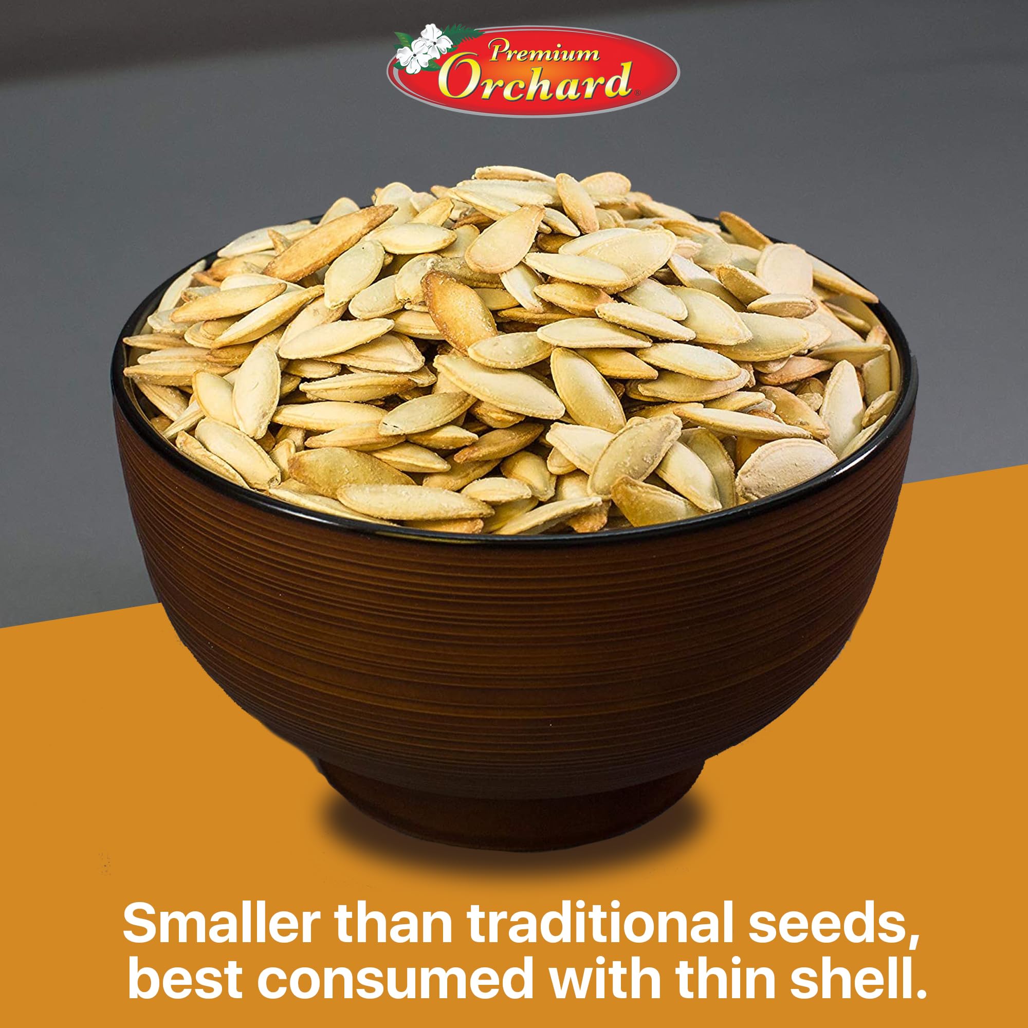 Premium Orchard plant-based snack, pumpkin seeds high in protein.