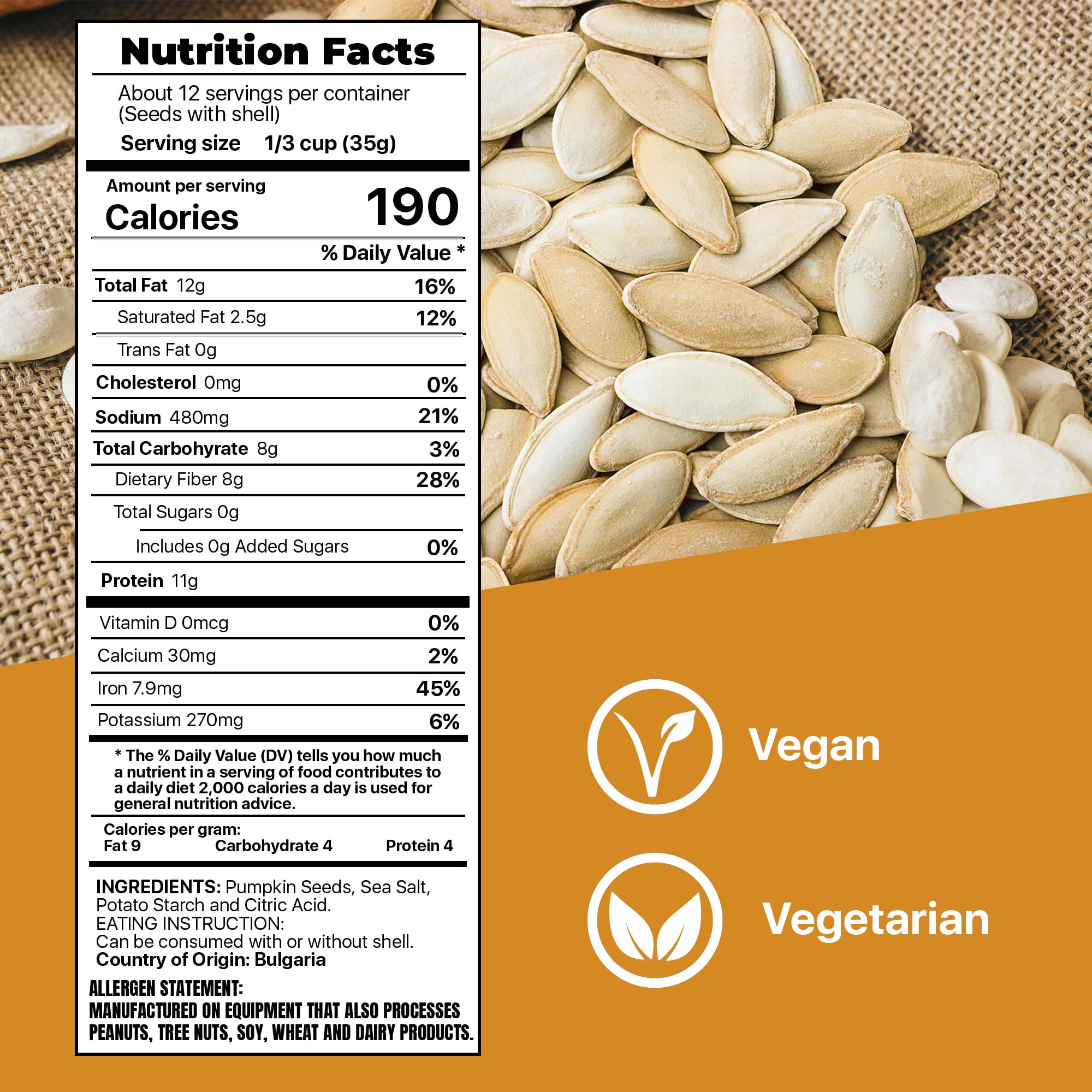 Premium Orchard pumpkin seeds in-shell close-up, mineral-rich and savory.