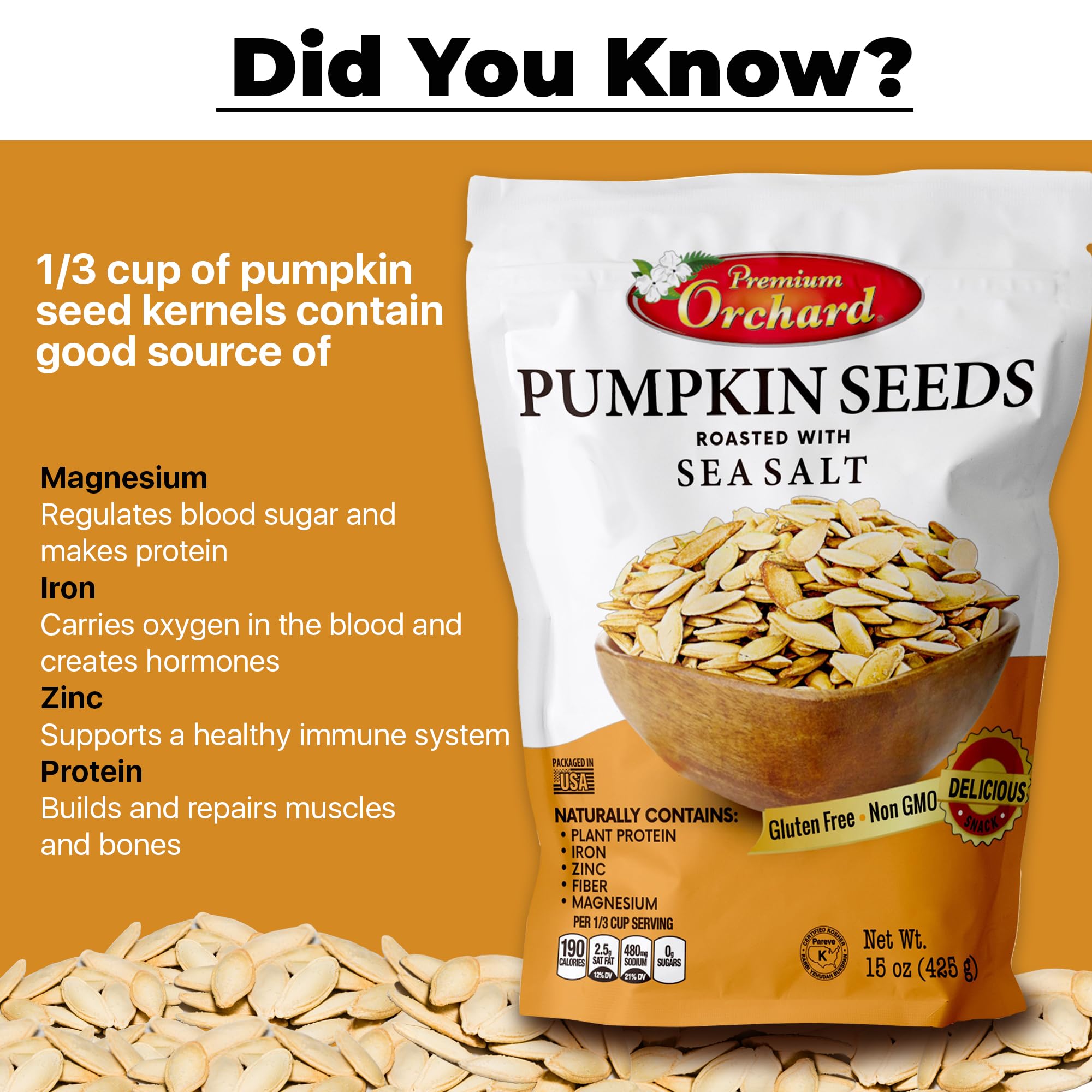 Premium Orchard sea-salt roasted pumpkin seeds bag ready to enjoy.