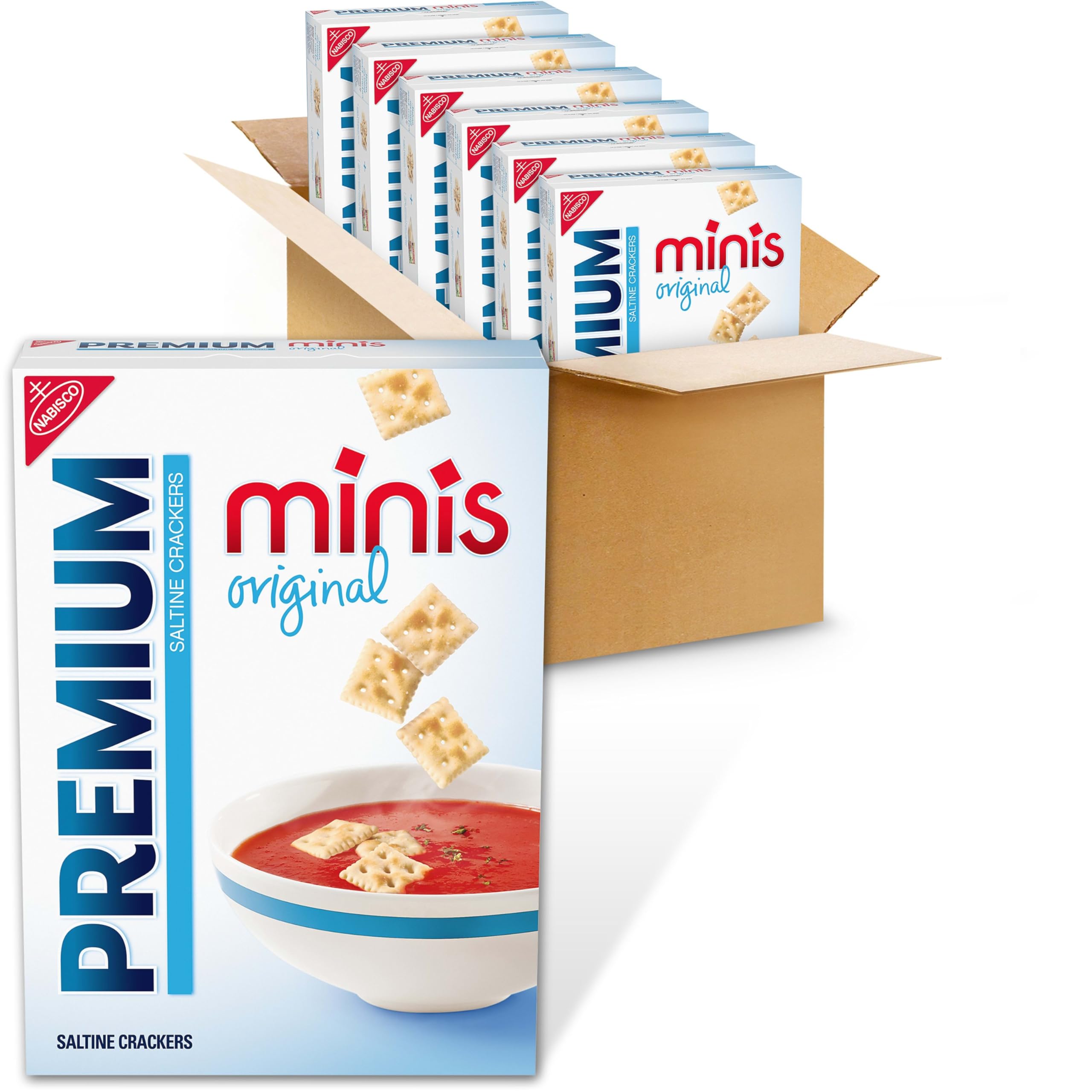Premium Original Mini Saltine Crackers box front, convenient snack size
