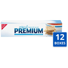 Premium Original Saltine Crackers open box display highlights sea salt on top.