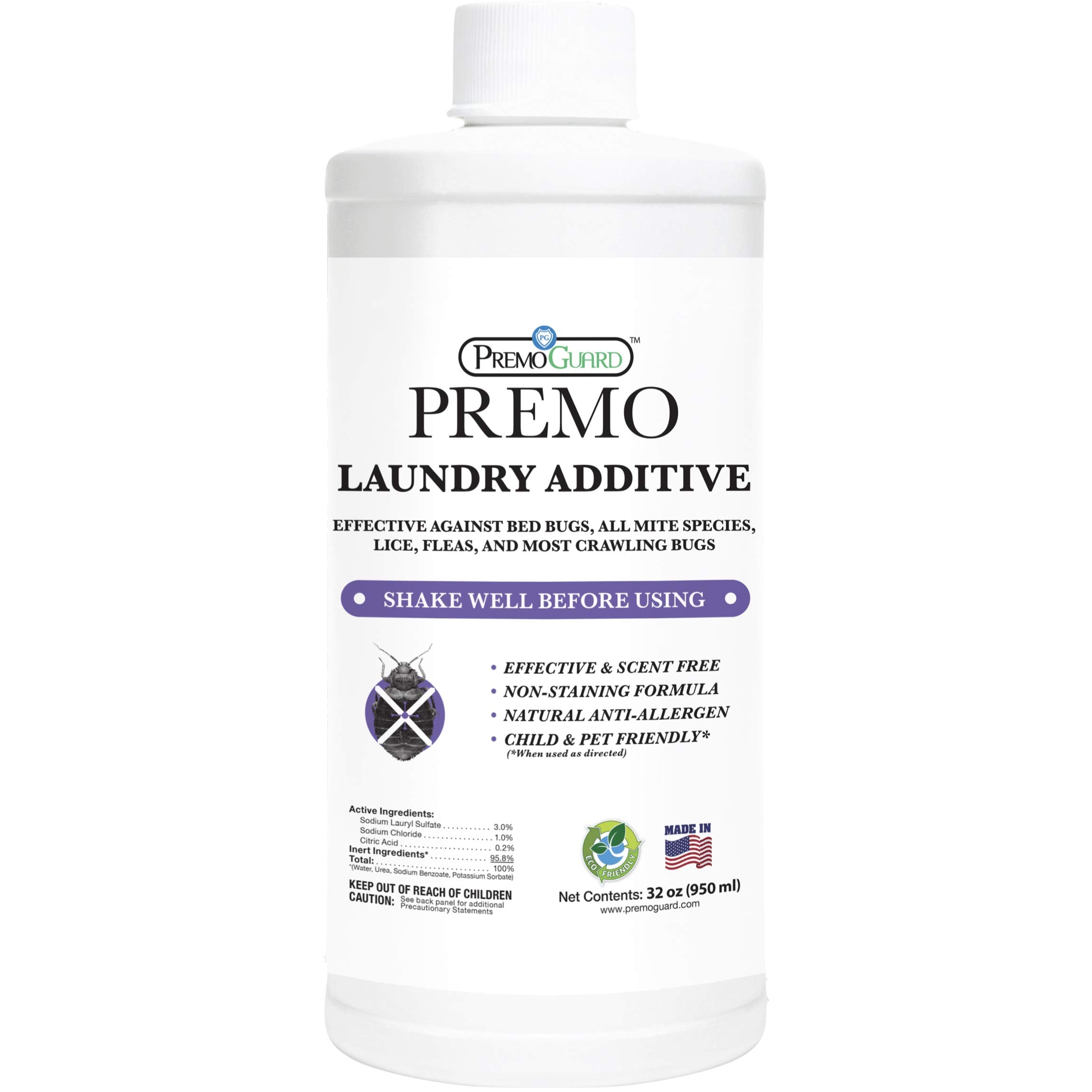 Premo Guard bed bug detergent additive bottle shown for safe family laundry