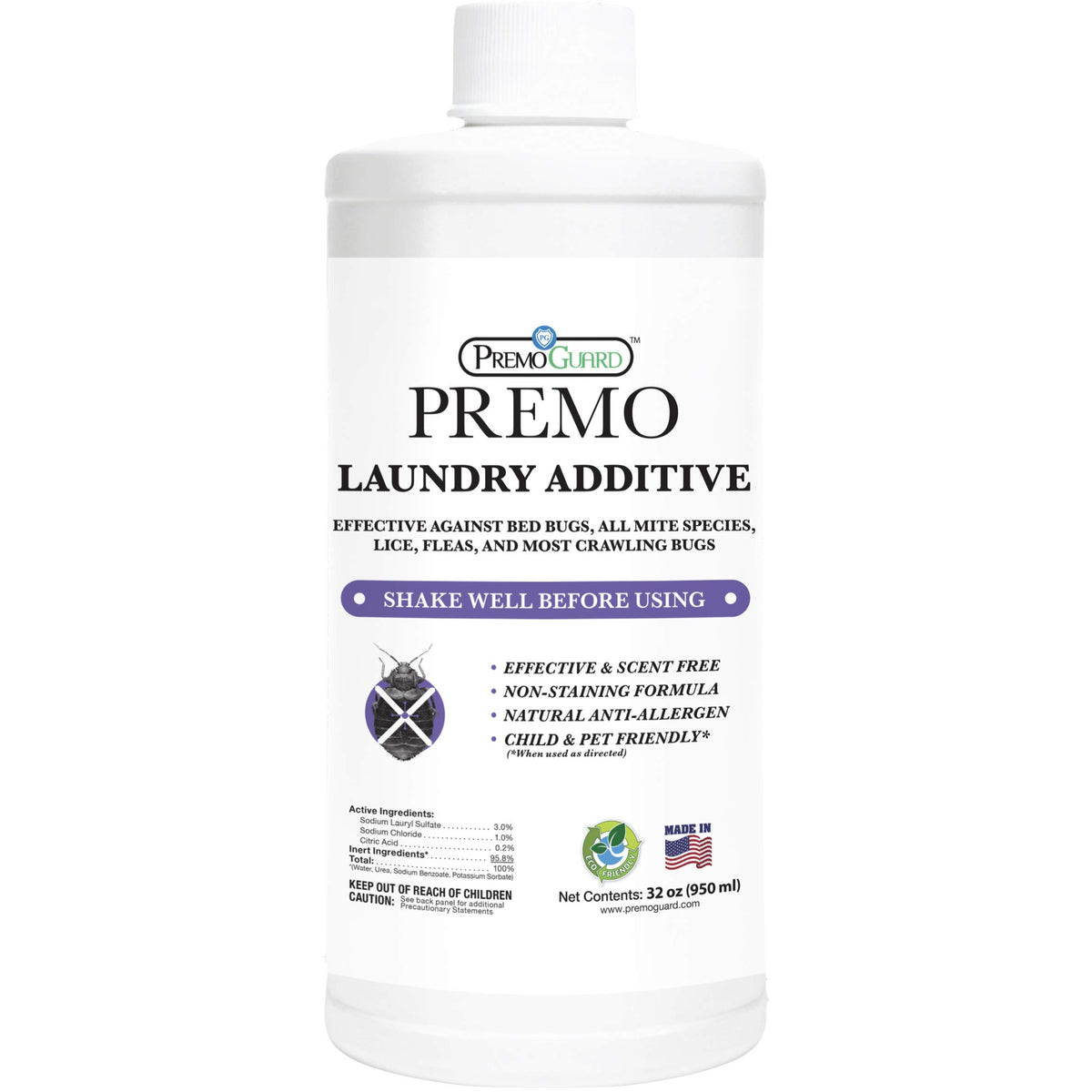 Premo Guard bed bug detergent additive bottle shown for safe family laundry
