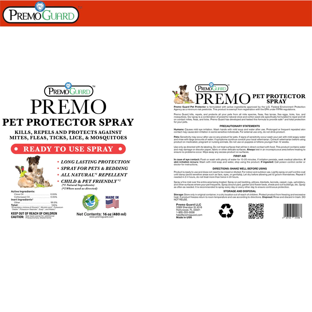 Premo Guard fragrance-free and stain-free on fabrics and kennels.