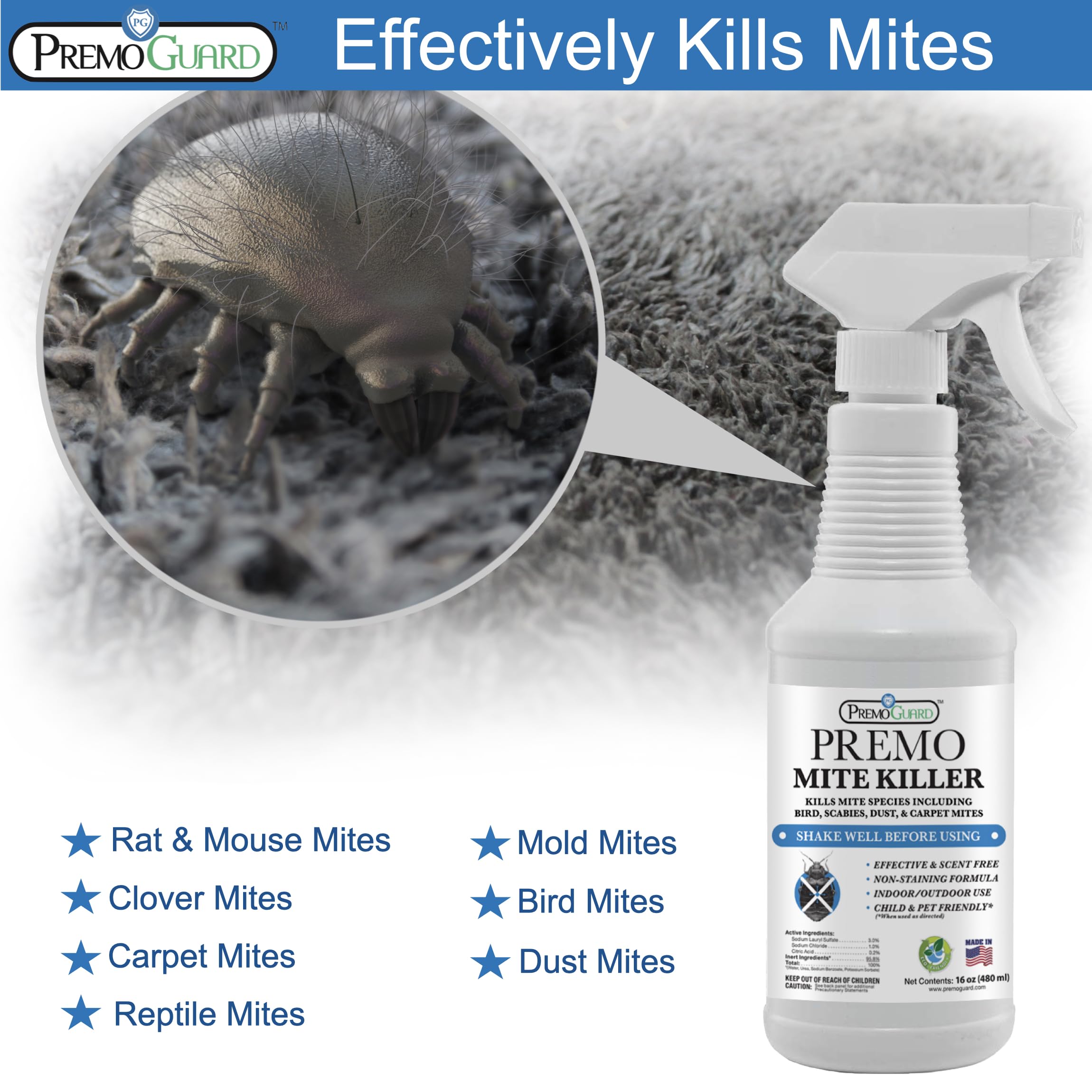 Premo Guard spraying action shown in a living room for home protection.