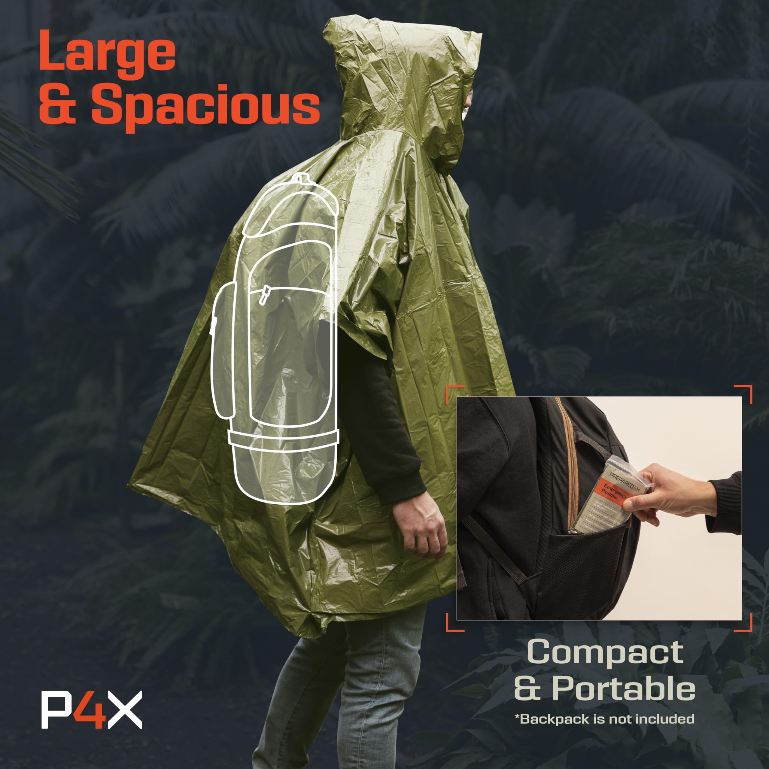 PREPARED4X emergency poncho 4pack-green kit ready for family emergencies.