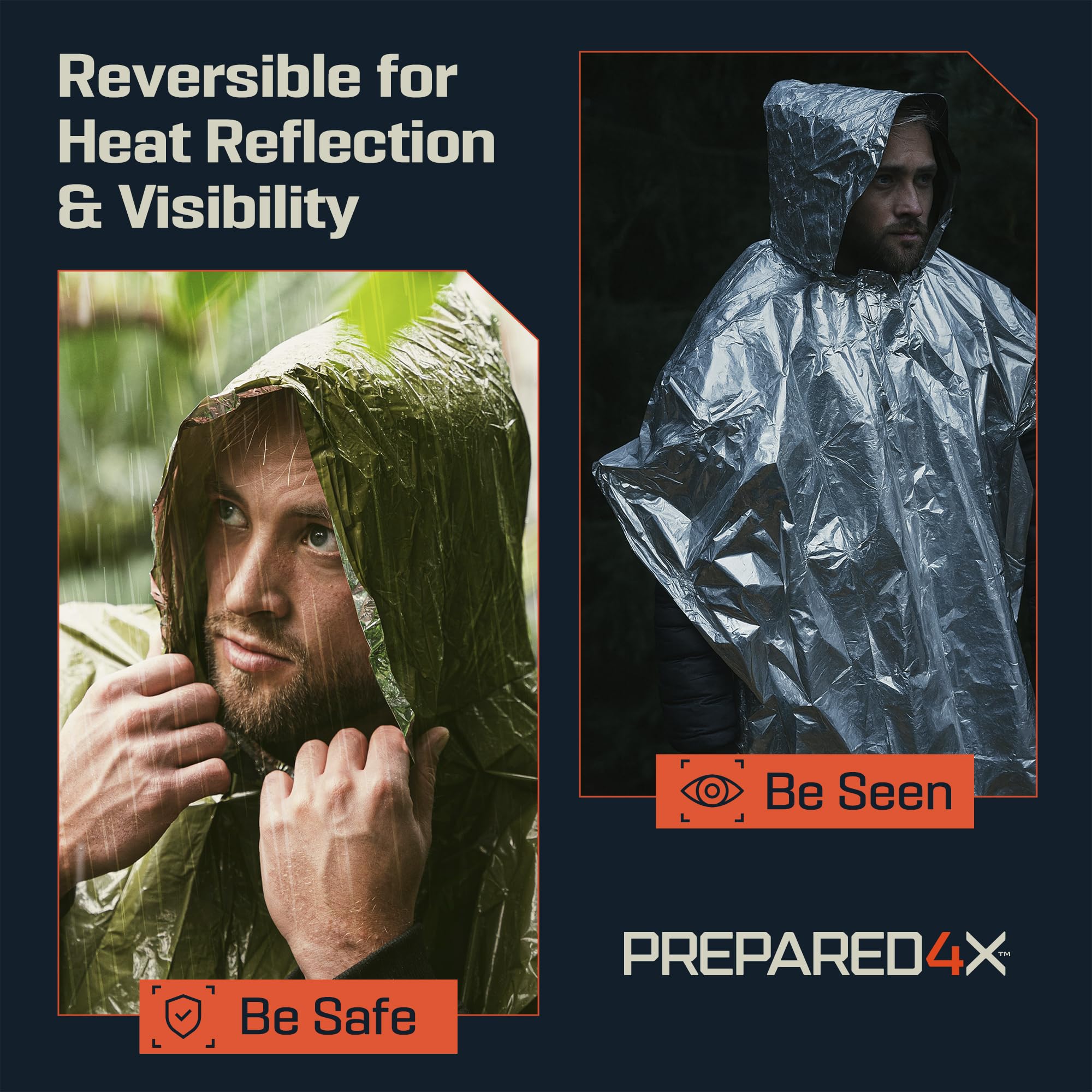 PREPARED4X emergency poncho durable-outer-green withstands rugged use.