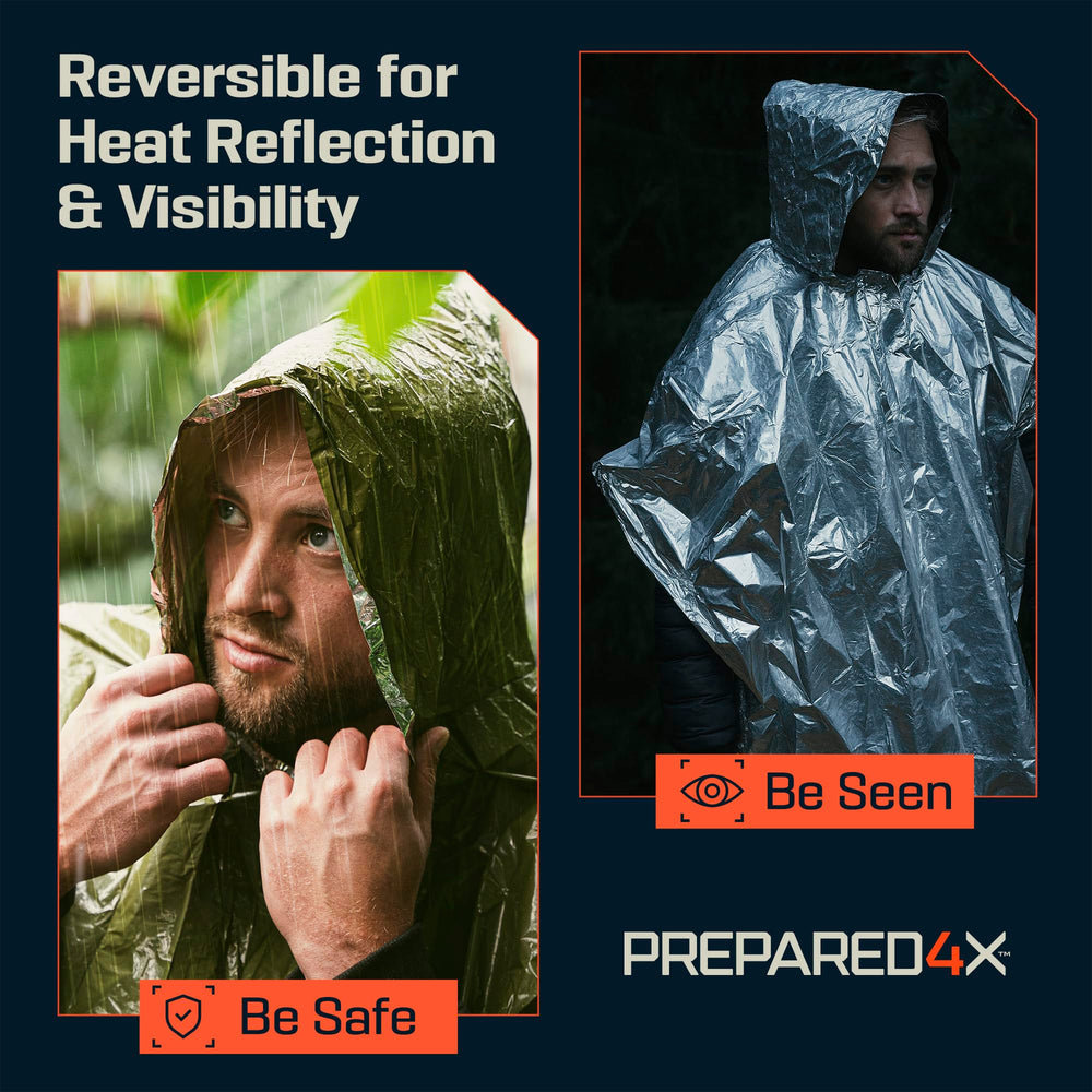 PREPARED4X emergency poncho durable-outer-green withstands rugged use.