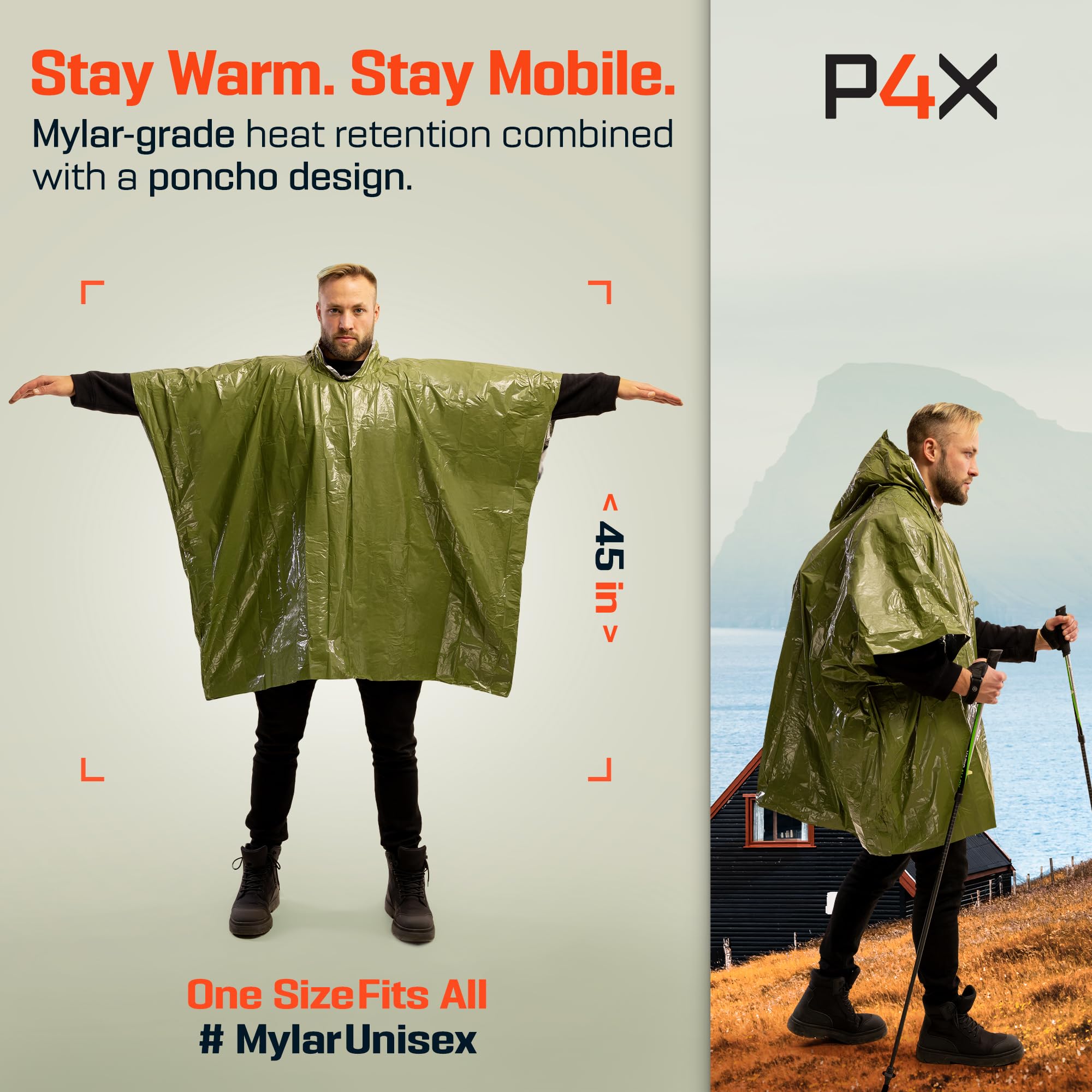 PREPARED4X emergency poncho over-backpack-green keeps hands free in rain.