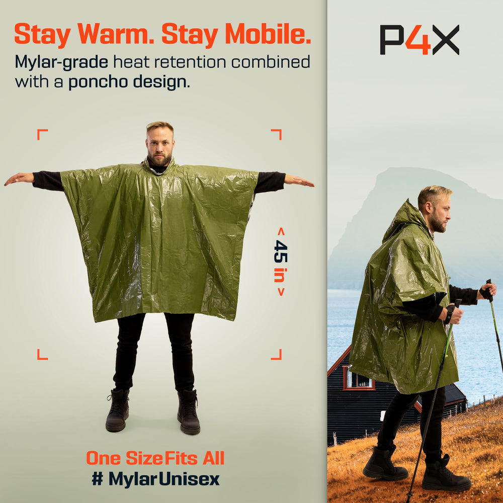 PREPARED4X emergency poncho over-backpack-green keeps hands free in rain.