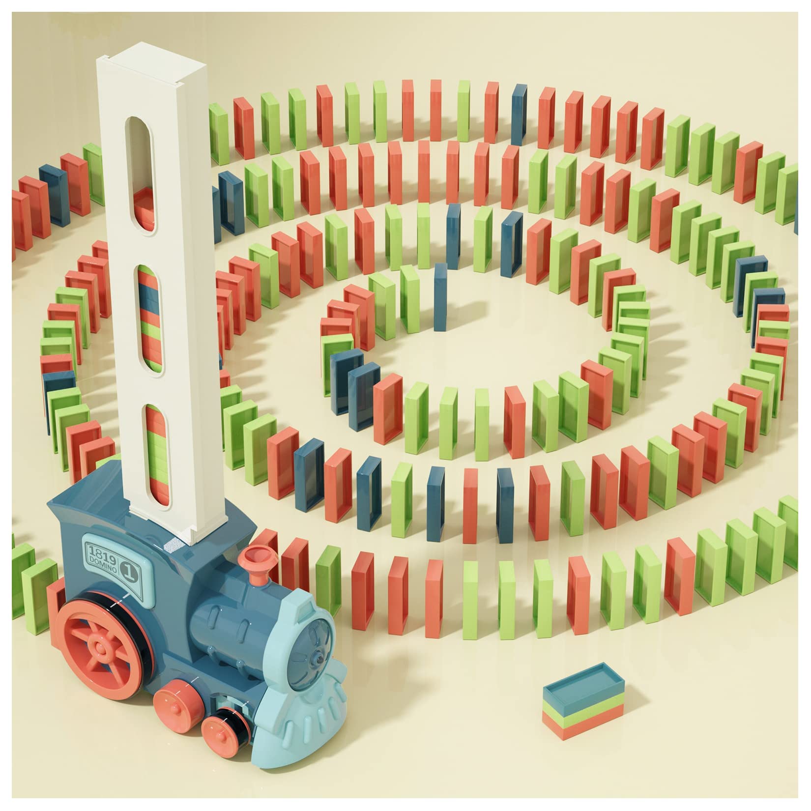 PREPHY Domino Train Toy on main display with lights and colorful dominos for stacking fun.