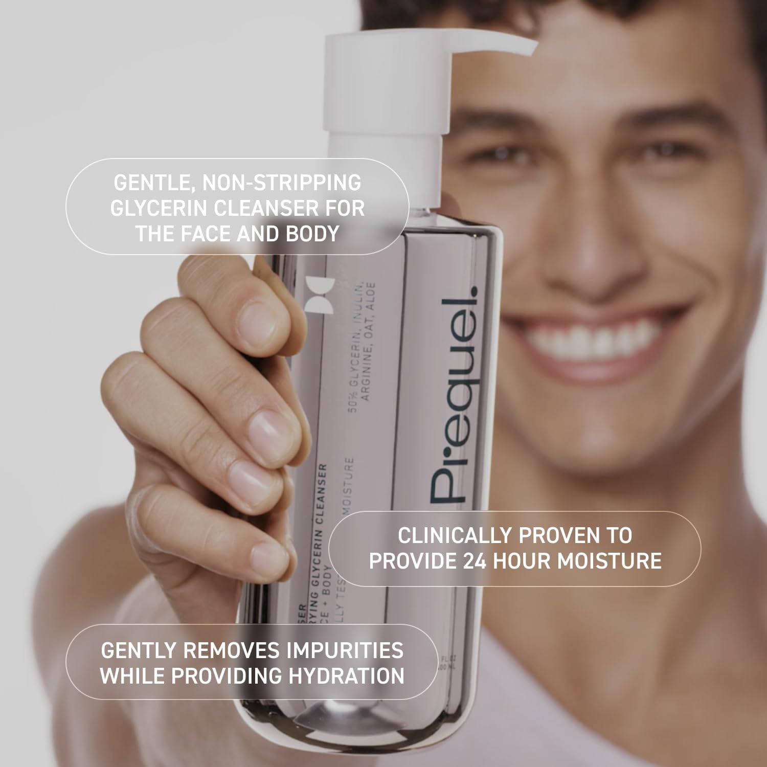 Prequel Skin Gleanser bottle shows oat extract and aloe for soothing skin.