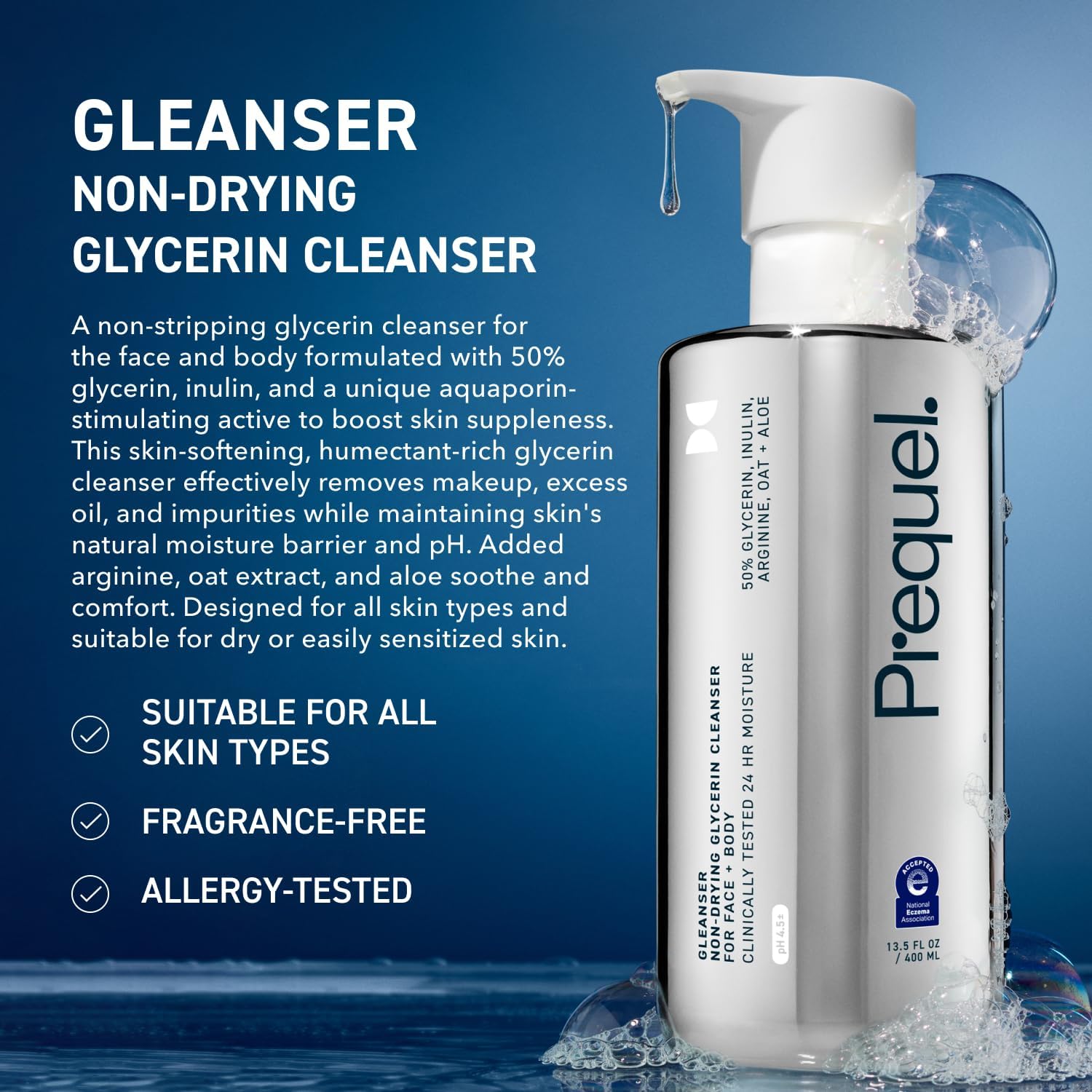 Prequel Skin Gleanser pump-dispense close-up for easy application.