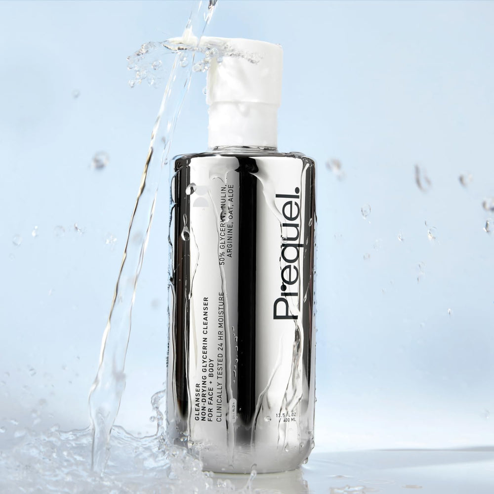 Prequel Skin Gleanser texture close-up shows gentle cleanse for dry skin.