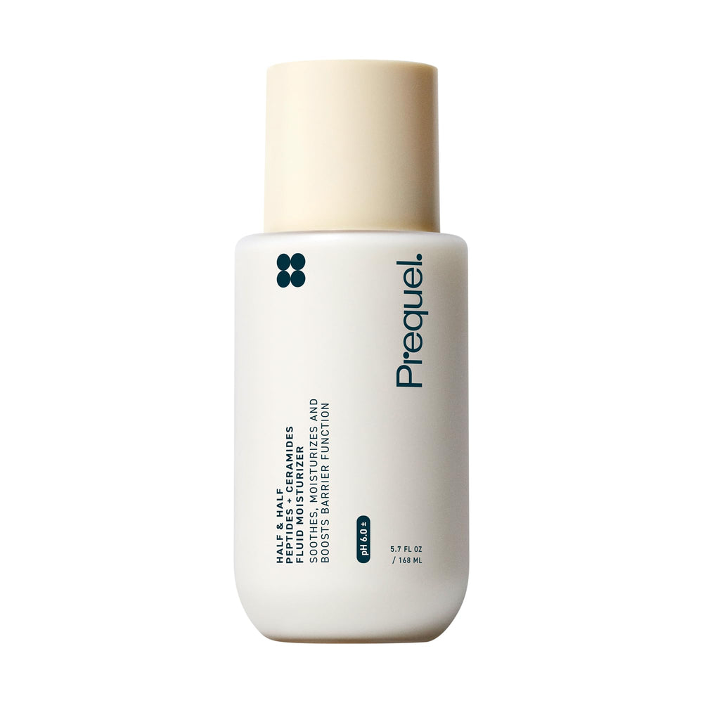Prequel Skin Half and Half Moisturizer bottle shows silky emulsion for everyday hydration