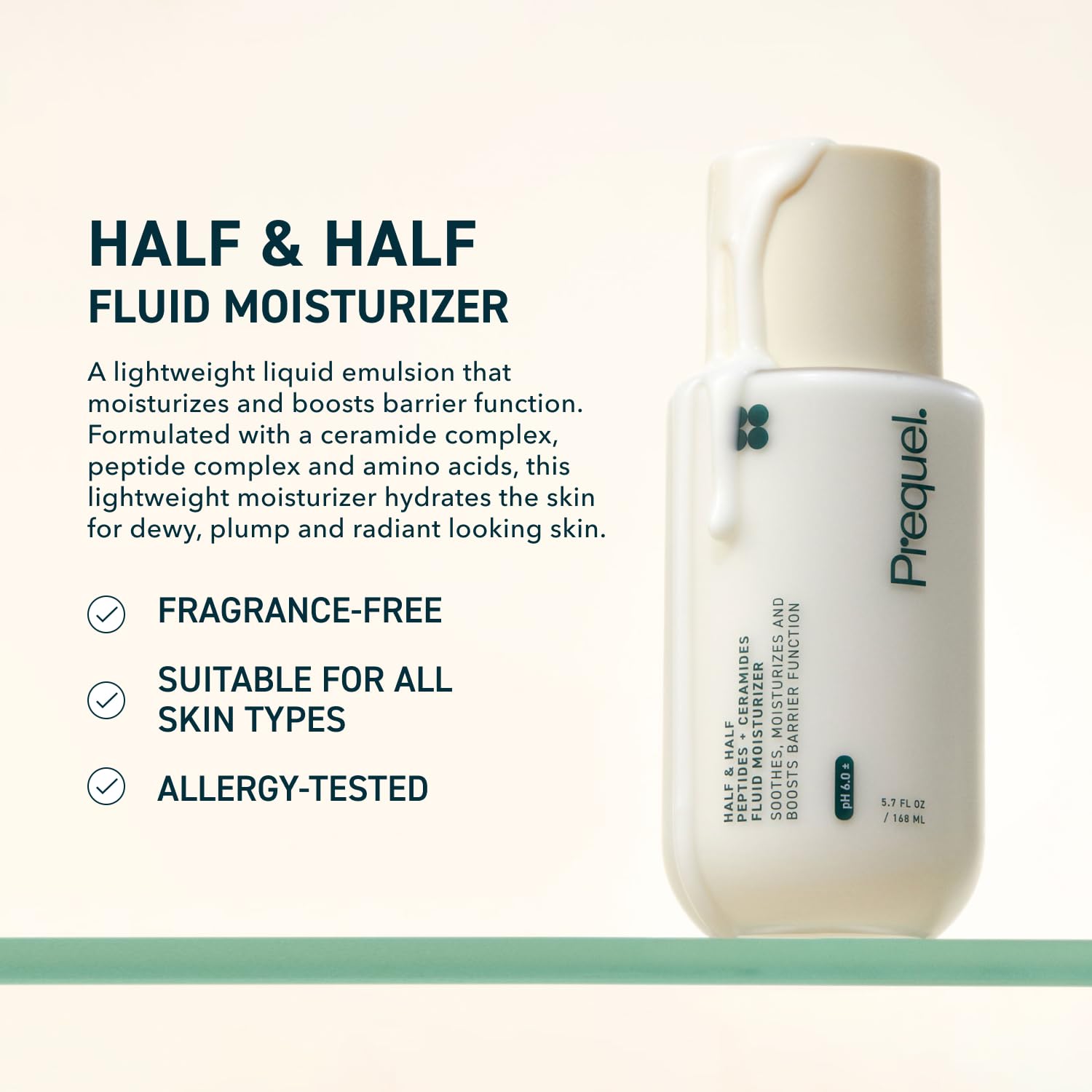 Prequel Skin Half and Half moisturizer pump demonstrates quick, lightweight hydration for all skin types