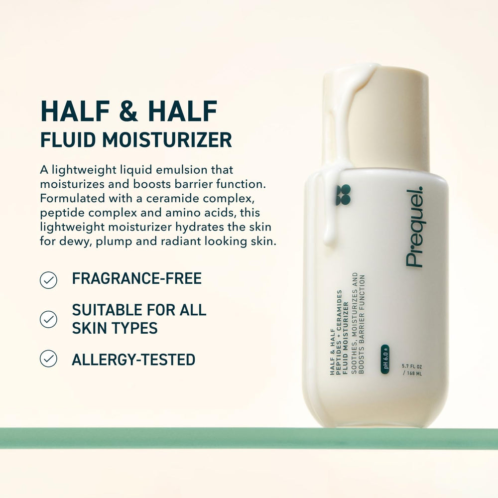 Prequel Skin Half and Half moisturizer pump demonstrates quick, lightweight hydration for all skin types