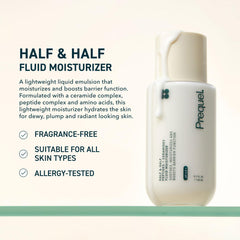Prequel Skin Half and Half moisturizer pump demonstrates quick, lightweight hydration for all skin types