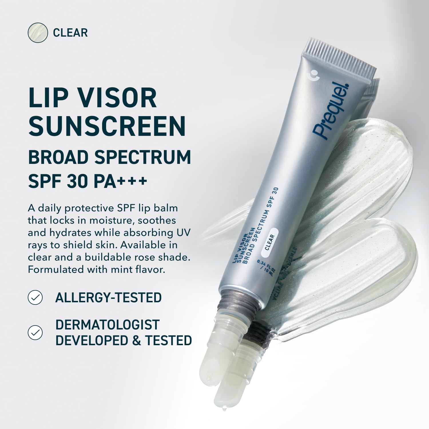 Prequel Skin Lip Visor SPF30 label close-up showing reliable sun protection.