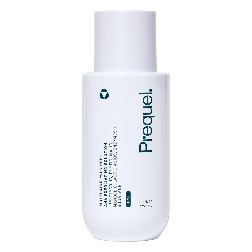 Prequel Skin Multi-Acid Milk Peel bottle shows gentle exfoliation for smoother skin.