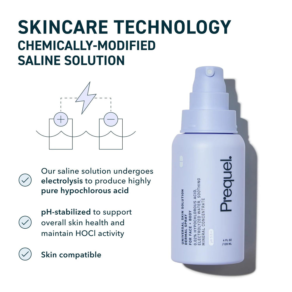 Prequel Skin pH-stabilized HOCL for gentle, fragrance-free skincare.