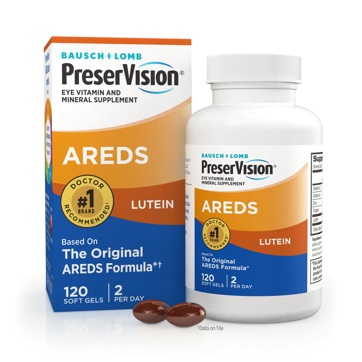 PreserVision AREDS formula bottle highlights lutein-based eye vitamins for AMD support.