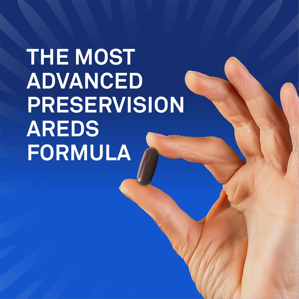 PreserVision AREDS3 bottle with capsules – clear packaging supports routine supplementation.