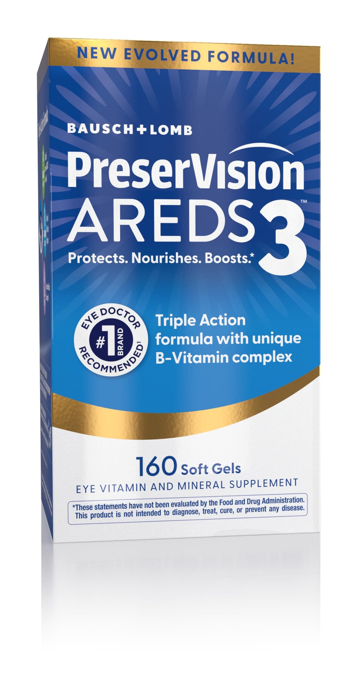 PreserVision AREDS3 bottle label shows essential nutrients for eye support and daily use.
