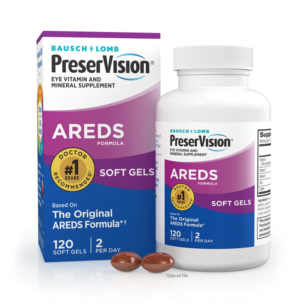 PreserVision eye vitamins bottle with AREDS label for age-related support.